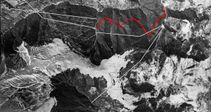 Lo sviluppo delle utilizzazioni nel Bosco della Martese nei primi anni del XX secolo. In rosso il percorso della decauville; le linee bianche indicano le teleferiche